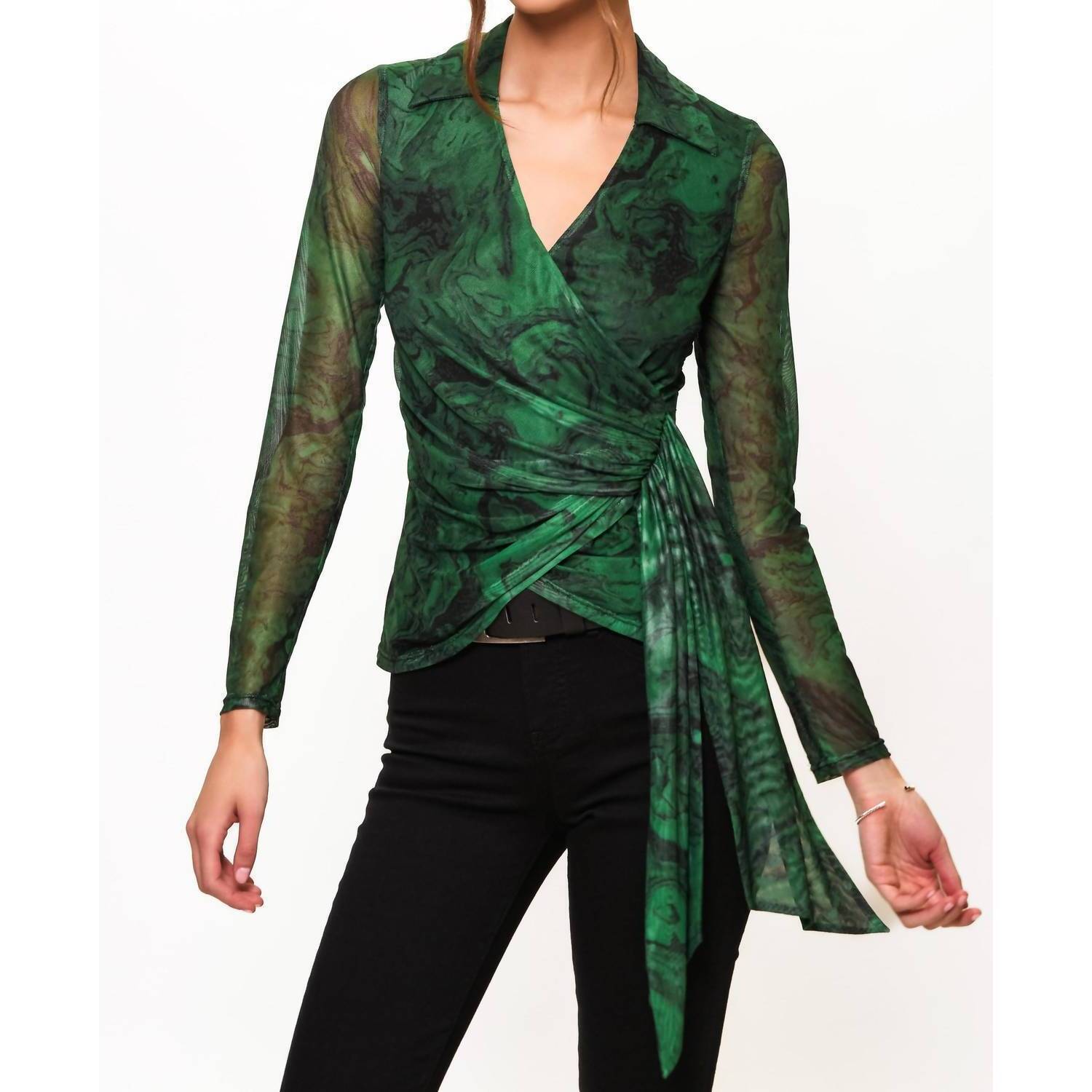 New Hutch Gale Wrap Marble Blouse In Emerald